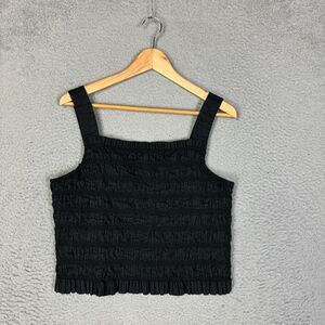 Everlane Tank Top Womens XL Black Crop Blouse Smocked Cami Square Neck Stretch
